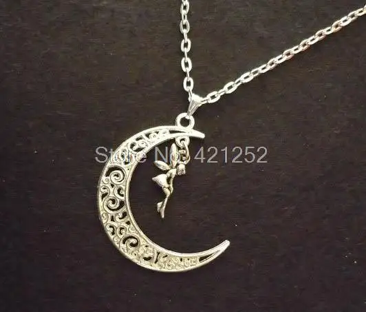 

12pcs/lot Moon and Fairy Necklace Fairy Fairy on Moon Necklace Jewelry Fairy Charm in silver