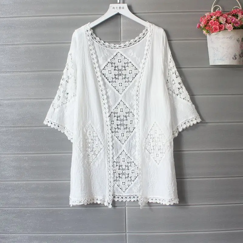 

Lace Cardigan White Shirt Beach Kimono Cardigan Women Summer Cardigans Women Tops Hollow Out Blouse Blusas Mujer De Moda 2021