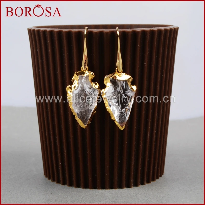Новые серьги BOROSA золотого цвета с натуральным камнем и кварцевыми наконечниками