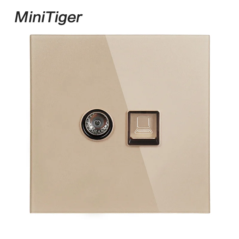 Gold Minitiger Белый Роскошный Кристалл Закаленное стекло Панель RJ45 Интернет Джек с ТВ розетка настенные данные компьютерная розетка - Тип: Gold