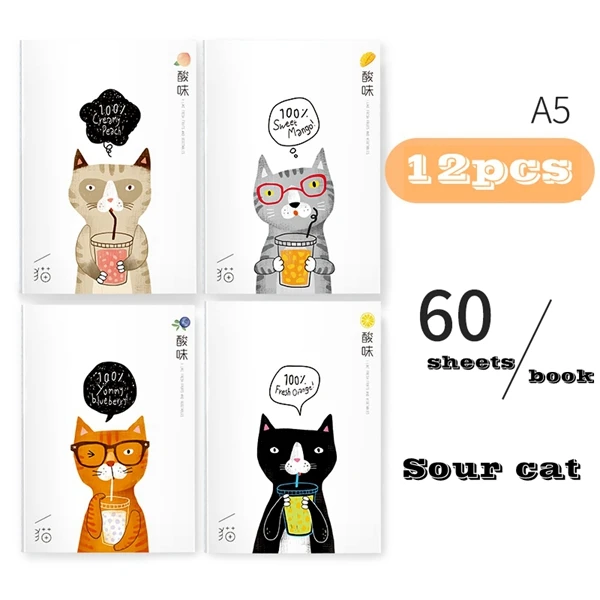 12 шт./лот Deli A5(210x148 мм) B5(250x175 мм) сшитая книжка Тетрадь написание книги мультфильм обложка книги студенческие дети Тетрадь s - Цвет: A5-60-Sour cat