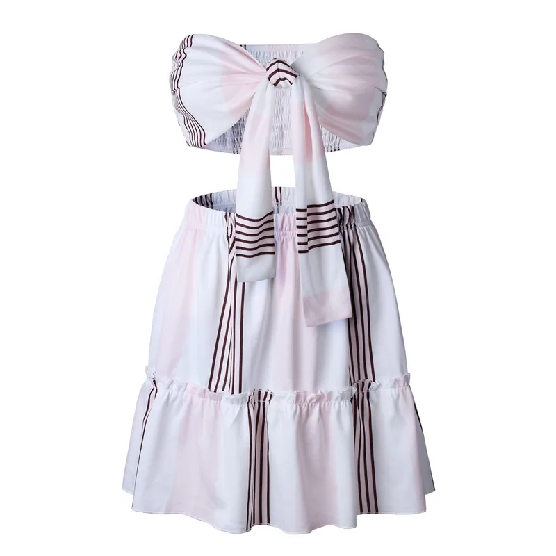 summer sexy womens bow striped vest tops and a-line skirts female sets beach boho ladies dress suits vestidos verano mujer | Женская