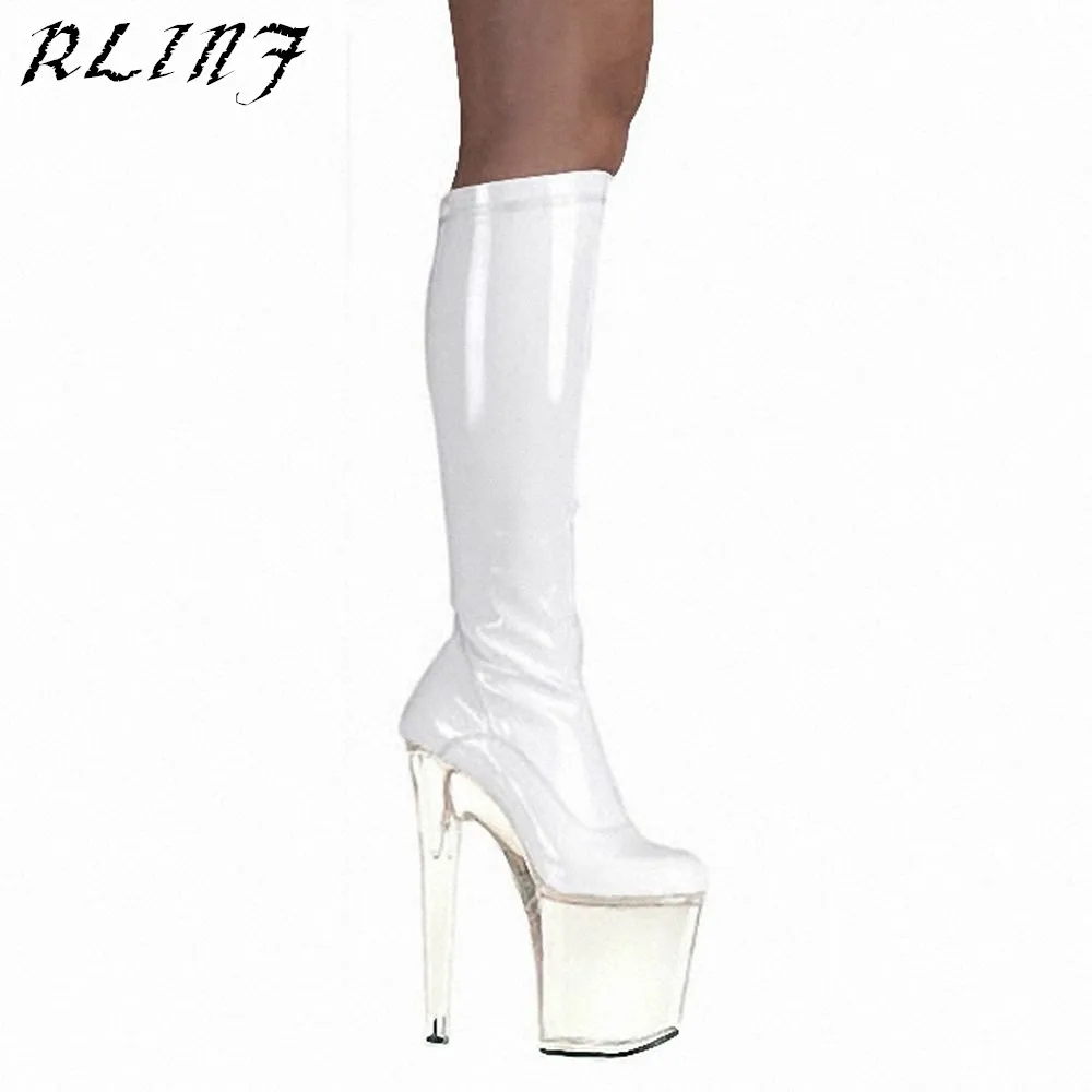 Высокие сапоги-трубы на очень высоком каблуке 20 см из лакированной кожи для сцены