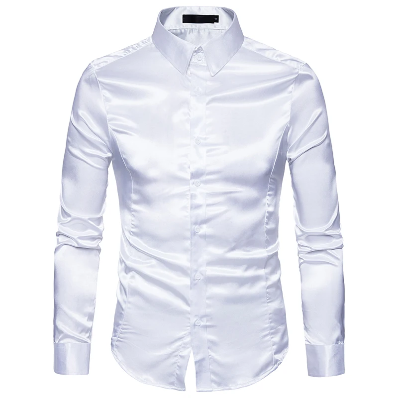 Для мужчин эксклюзивная Metallic Shirt блестящего шелковистого атласа рубашка с