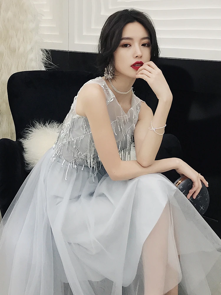 Женское вечернее платье с круглым вырезом wei yin 2019 элегантное фатиновое