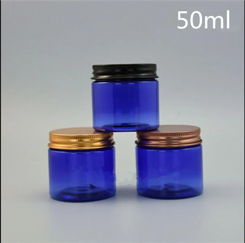

Бесплатная доставка, 50 г/мл, пустые пластиковые бутылки Королевского синего цвета, банки, золотые, черные, бронзовые крышки, пустые косметические контейнеры высшего класса