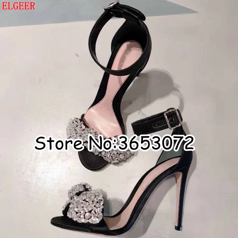 Pink Red Black Bling Rhinestone Bowtie Women Open Toe Sandals Ankle Wrap Dress Stiltto Pumps Shoes Crystal Lady High Heels | Обувь
