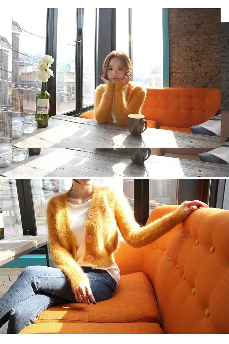 DANJEANER Korean Style Women Solid Mohair Short Cardigan Autumn Winter Warm Fashion V Neck Knitted Sweaters Pull Femmee Jackets