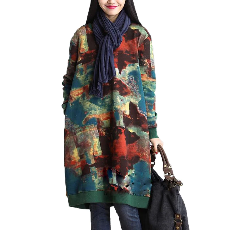 Women Dress Vintage 2018 Spring New Plus Size Clothes Loose Korean Fashion Cotton Robe Print Floral Warm |