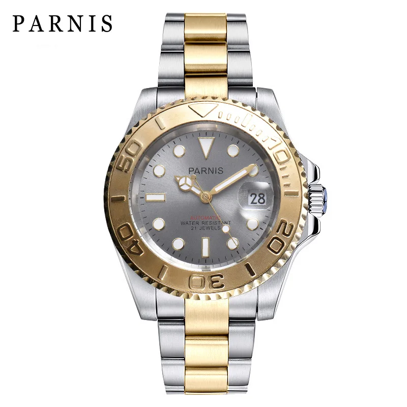Gold Steel Gray Parnis механические Автоматические Мужские часы Diver Miyota 8215 мужские часы сапфир mekanik erkek kol saati reloj automatico - Цвет: Gold Steel Gray
