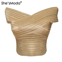 shesmoda luxury gold bandage slash neck slim womens spandex cropped tops vest tank