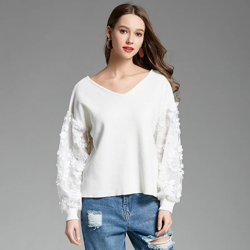 Sweet Beaty Wear Sweater for Female Spring Puff Sleeve Knit Ladies V-neck Chiffon Girls SW833 | Женская одежда