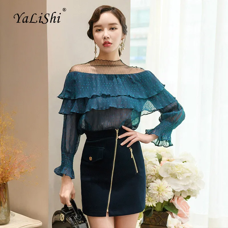 

2 Piece Set 2018 Women Autumn Blue Flare Sleeve Slash Neck Ruffles Top and Blue Korean Office Party Mini Skirt Two Piece Set