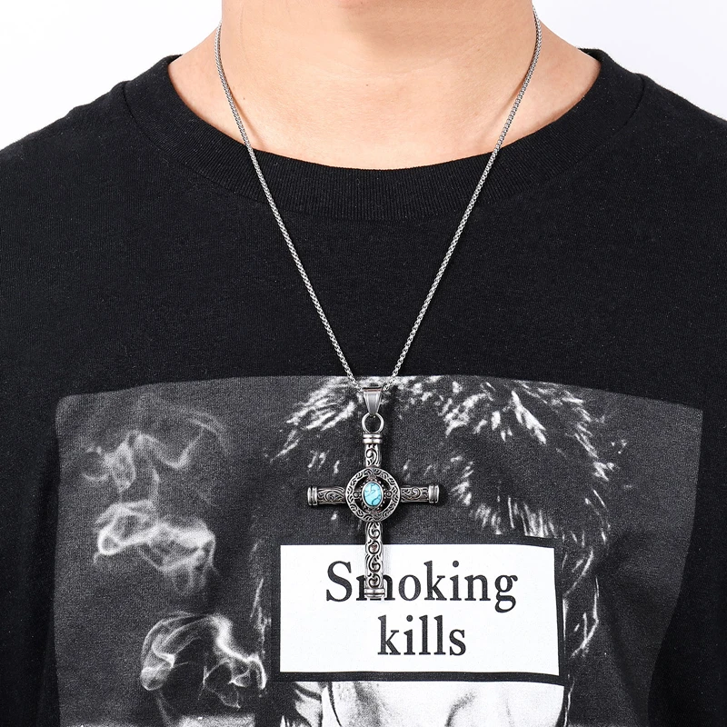 Retro Natural Black Blue Turquoises Cross Pendant Necklace Men Vintage Stainless Steel Religious Jesus Crucifix Male Jewelry | Украшения и