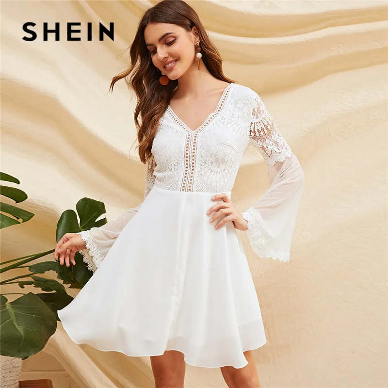 SHEIN Кружевное Платье С Сетчатыми Рукавами И Открытой Спинкой Женское Весеннее Сексуальное Платье С V-Образным Вырезом И Длинными Рукавами
