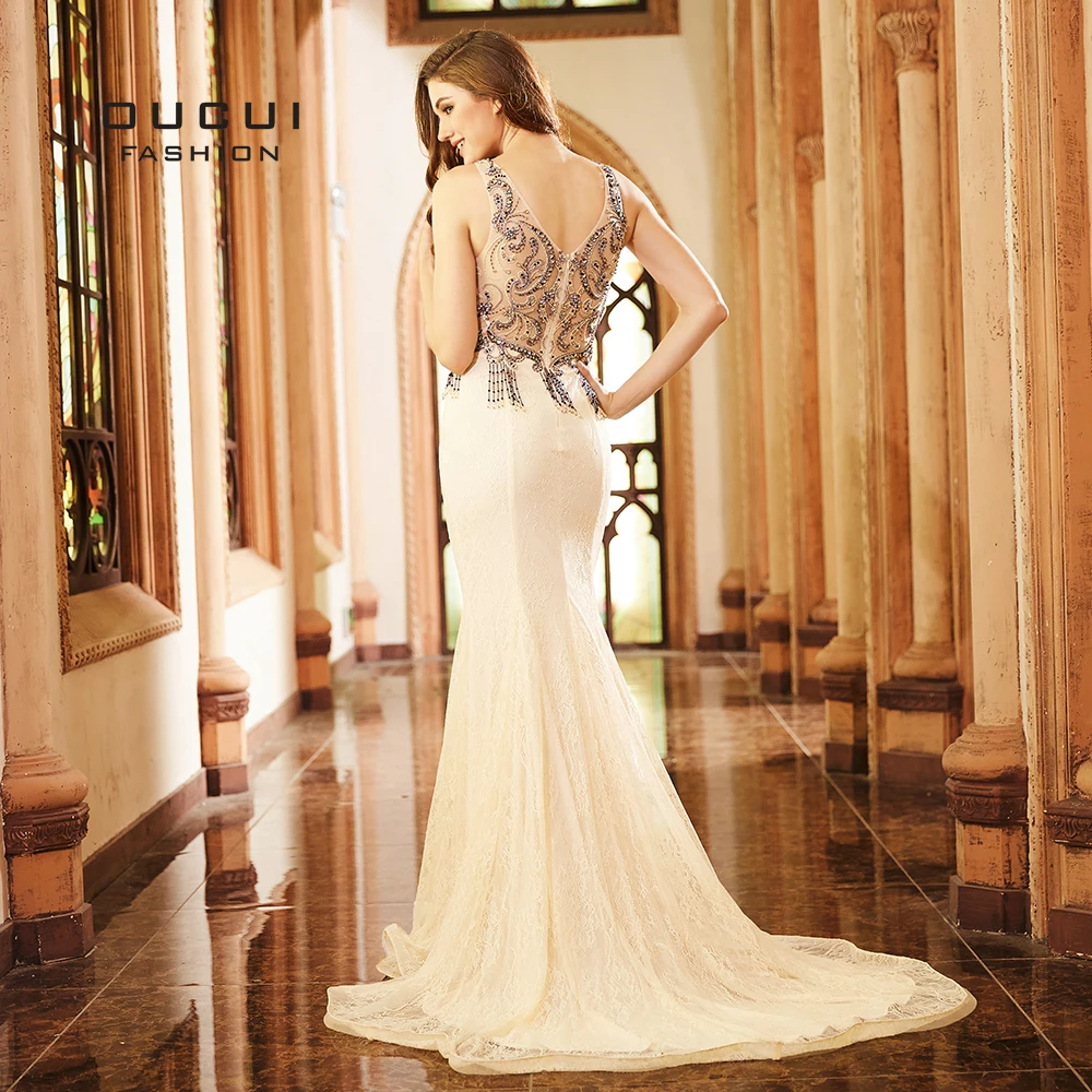 Goede Champagne Tank Backless Sexy Elegante Kant Avondjurken Kralen Kwastje Illusion Lange Party Dress Mermaid Trouwjurken 2019 OL103267