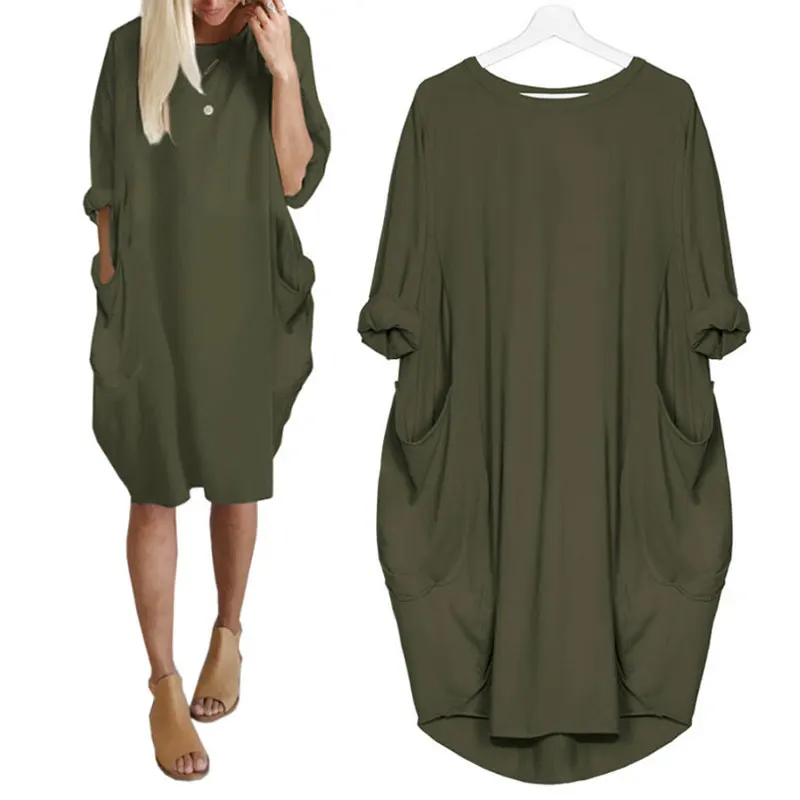 army green dress Летучая Мышь Рукав Длинный Плюс Сайз XL 5XL Одноцветный Платья Миди Элегантный Вечеринка Карман Платья Женщина Лето Осень Свободный Простой Большой Размер Модное Платья Оливковый Зеленый Оверсайз Милый - Цвет: army green dress