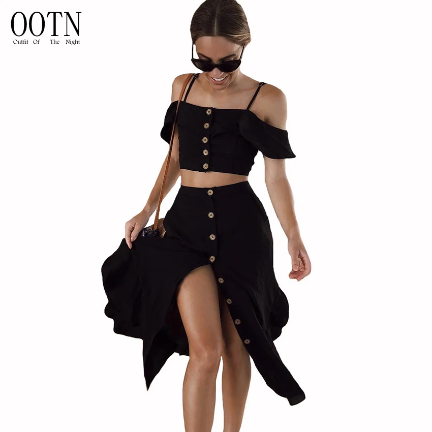 OOTN черный комплект из двух предметов для женщин Лето с открытыми плечами ремень