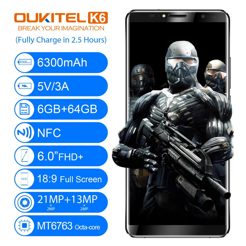 Oukitel K6 6 0 'ཎ:9 Face ID смартфон MT6763 Восьмиядерный ГБ Оперативная память 4G B