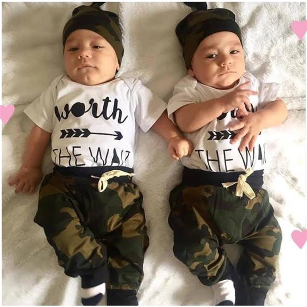 Fashion Newborn Baby Boy Clothes Infant Boys Letter Bodysuit Camouflage Pants and Hat Toddler Outfits 3Pcs Set |