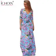 ICHOIX, большие размеры, 4XL, 5XL, 6XL, летние, бохо стиль, макси платья, женские, сексуальные, короткий рукав, одежда с принтом, плюс глубокий v-образный вырез, макси платье, Vestidos