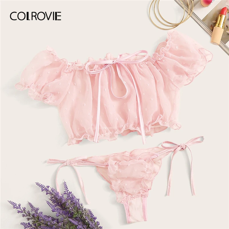 COLROVIE Pink Lettuce Trim Dobby Mesh Tie Side Sexy Lingerie Set Women Intimates Frill Bra And Thongs Ladies Underwear Set
