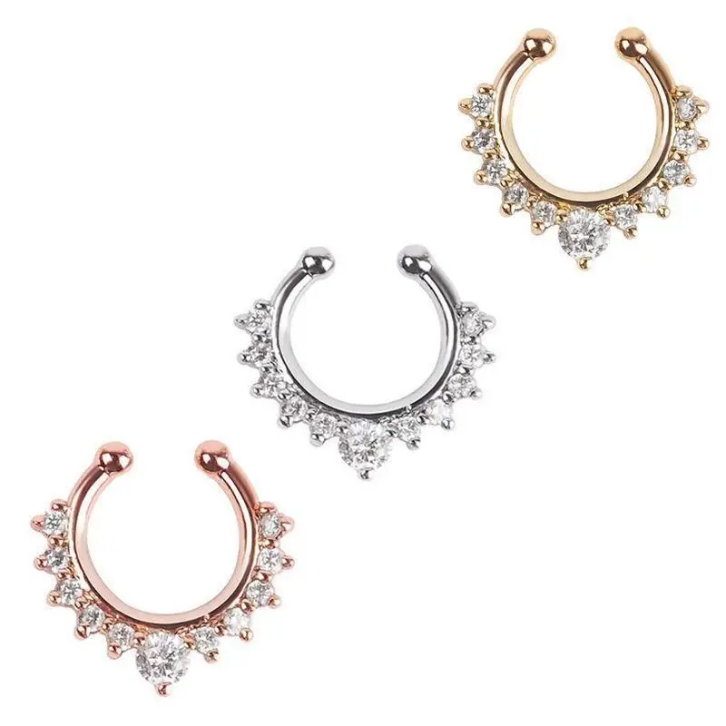 Кристалл кольцо в нос Имитация Круглый посеребренный перегородка колечки для