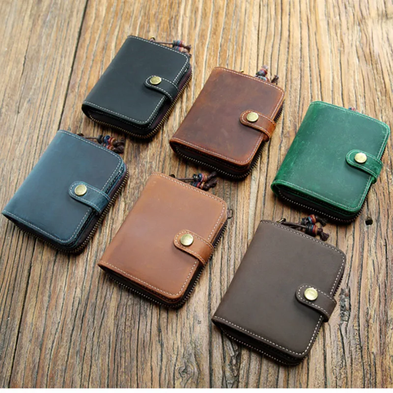 

Genuine Cowhide Short Men's Wallet Holder Zipper Billfold Cash Purse Crazy Horse Simple Money Clip Coin Pouch Card Case