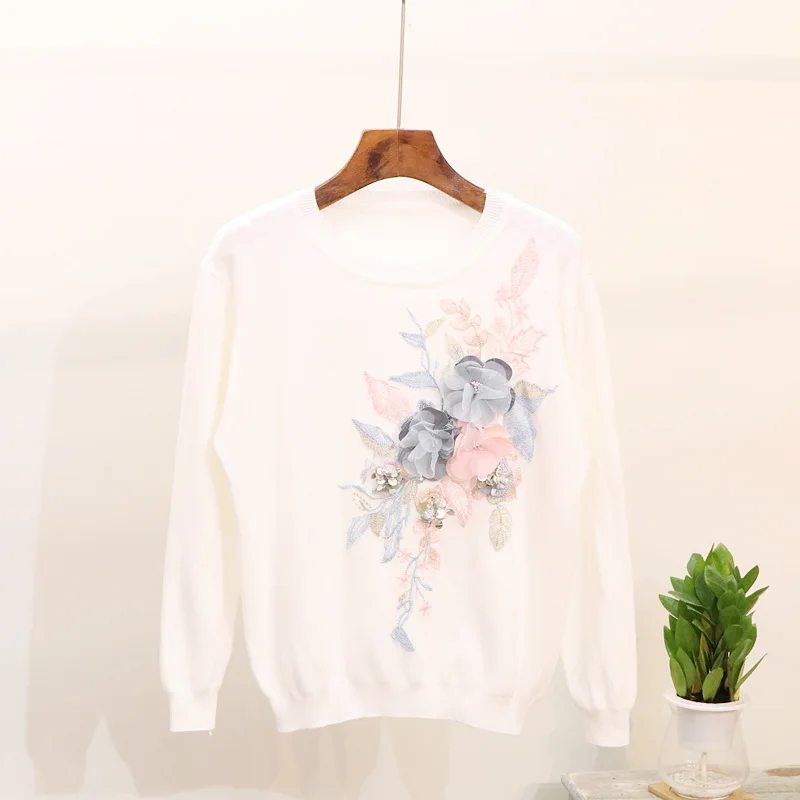 Autumn Knitted Sweater Women Knitting Pullover Embroidery Sequin 3D Floral Femme Tops Korean Harajuku Knitwear Jumper Coat | Женская