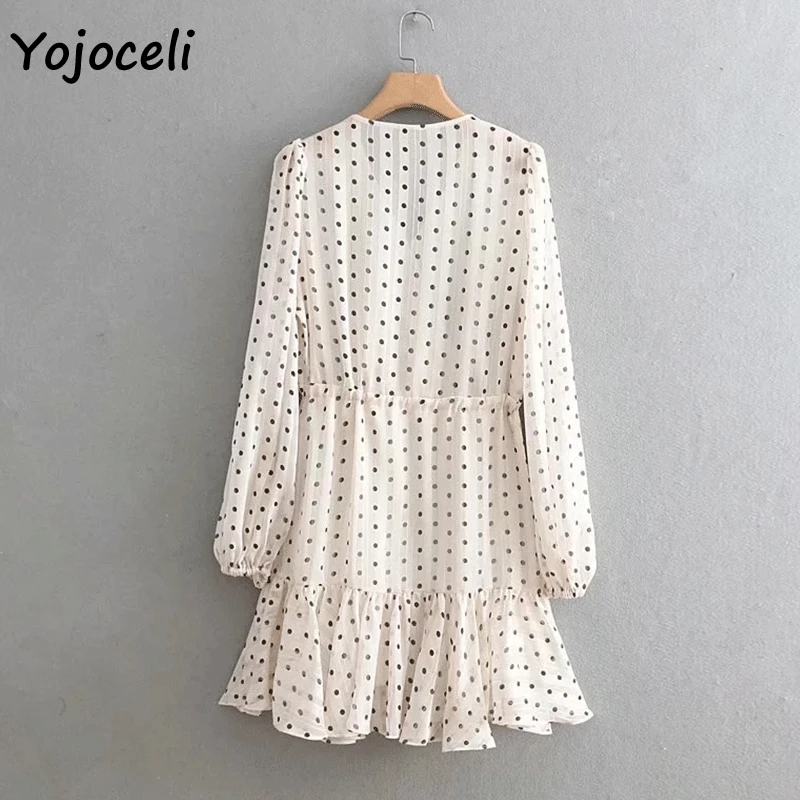 Yojoceli романтическое платье в французский горошек с рюшами boho мини длинным рукавом