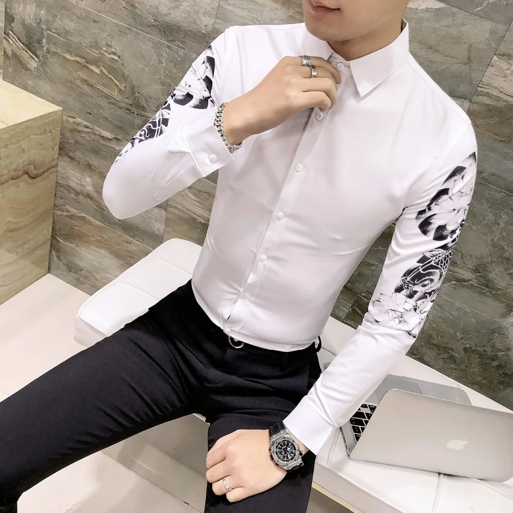 Новая мода Мужская рубашка платье Slim Fit с длинным рукавом цветочным принтом