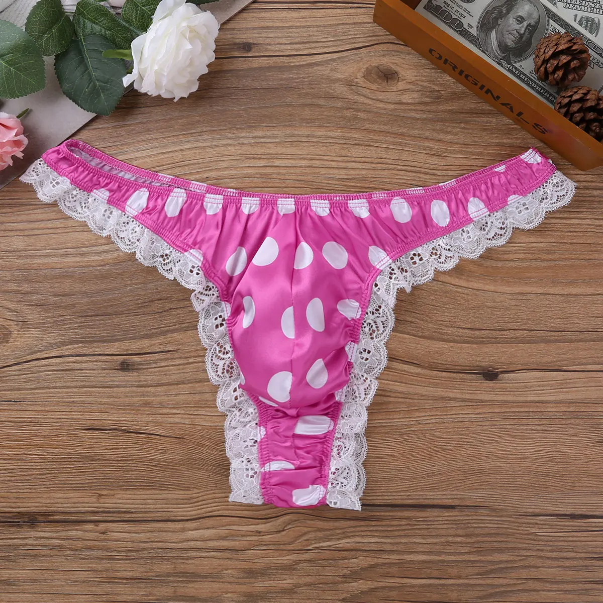 Трусы-стринги мужские блестящие с низкой посадкой кружевные оборками в горошек |