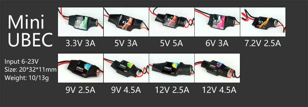 

AEORC Mini UBEC BEC (3.3V 3A/5V 3A/5V 5A/6V 3A/7.2V 2.5A/9V 2.5A/9V 4.5A/12V 2.5A/12V 4.5A) for RC Plane