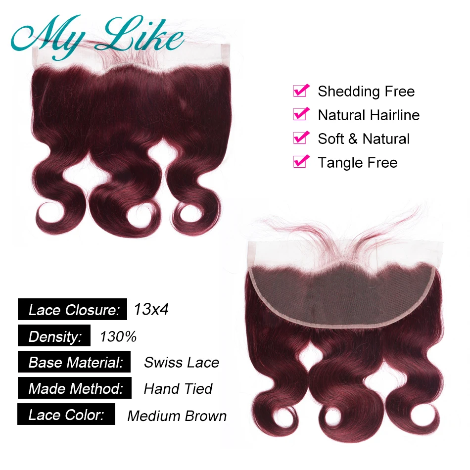

My Like Malaysian Body Wave Human Hair Weave 4 Bundles with Frontal Closure 99j Red Burgundy Lace Frontal with Bundles Non-remy