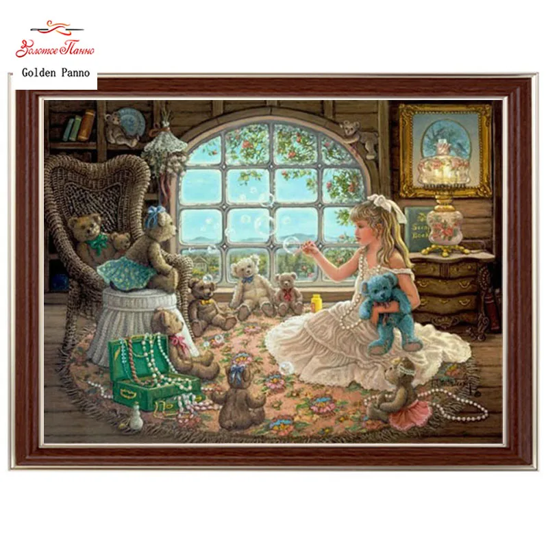 

Golden Panno,Needlework,DIY DMC Cross stitch,Sets For Embroidery kit 14ct unprinted cotton thread girl and bear Cross-Stitching
