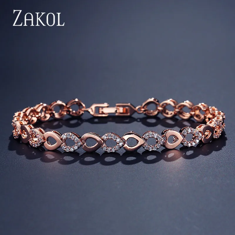 ZAKOL изысканный браслет-цепочка в виде сердца из розового золота, браслет для женщин, блестящие ювелирные изделия из Кубического циркония AAA FSBP2022