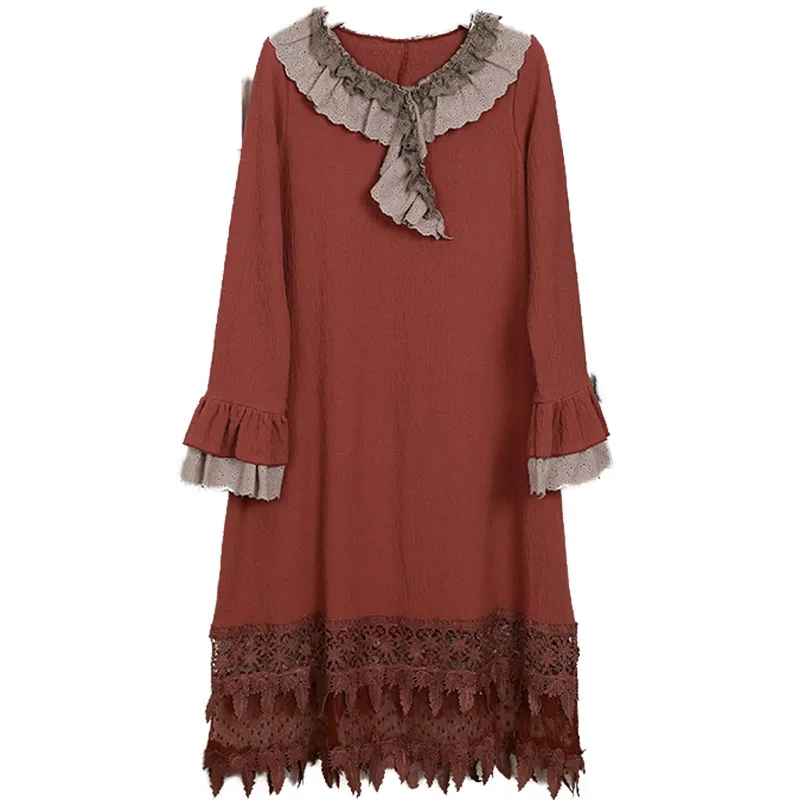 

Хлопковое льняное вязаное женское платье в японском ретро стиле Mori Girl с длинным Расклешенным рукавом и вышивкой крючком, осеннее платье