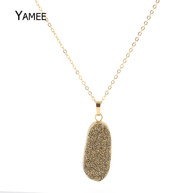 Yamee Irregular Crystal Pendant Necklaces big Druzy Natural Stone Gold Plating Chain Long For Women | Украшения и аксессуары