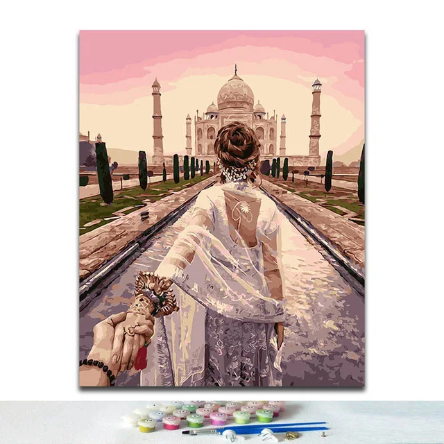 

DIY colorings pictures by numbers with colors Indian Taj Mahal White Marble Palace picture drawing painting framed
