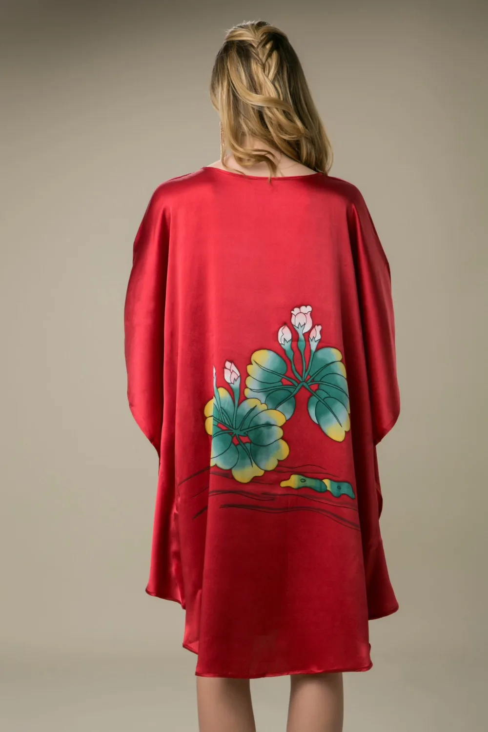 

100% Silk Satin Dress Women Silk Dresses Natural Silk Free Size Handmade Painted Dress Red Floral Pattern Free Shipping