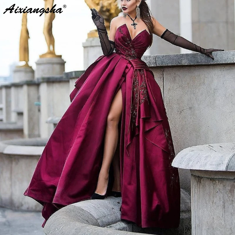 Женское вечернее платье с бусинами бордовое бальное разрезом сексуальное