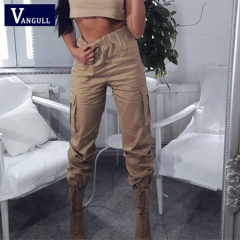 Vangull Solid High Waist Women Pants 2021 New Spring Fashion Side Big Pocket Female Loose Cargo Casual Sweatpants | Женская одежда