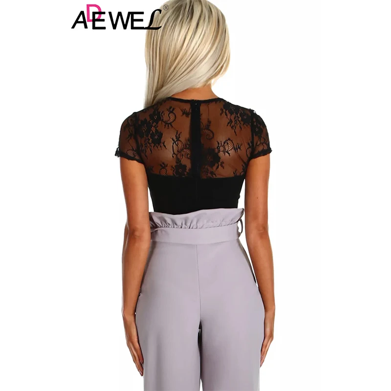 Женский облегающий костюм ADEWEL черный кружевной с коротким рукавом прозрачный