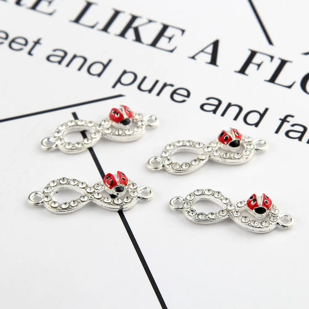 

10pcs Full Rhinestone Infinite Symbol Red Ladybug Connector Charms Jewelry Accessories Fit Bracelet Making DIY 28*9mm