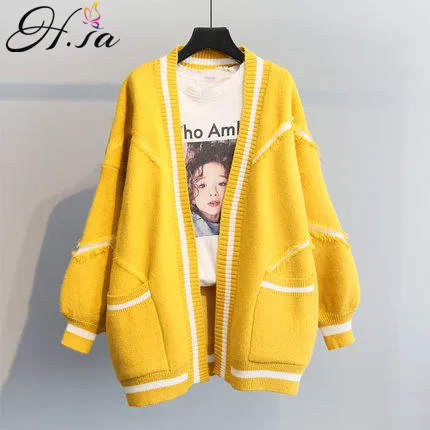 HF18366 Yellow H. SA весенний женский кардиган с открытой строчкой, свободный свитер, джемперы с буквами, большие размеры, Sueter Mujer, желтые кардиганы, manteau femme - Цвет: HF18366 Yellow