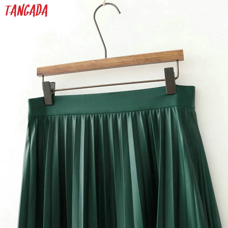 Tangada изумрудная юбка зеленая юбка плиссированная юбка плиссе юбка в складку кожаная юбка миди юбка ниже колена юбка с высокой талией кожаная юбка в складку базовая юбка зеленая кожа XD517