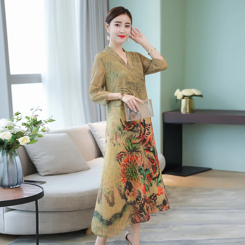 

Женское длинное вечернее платье, свободное платье с принтом, с V-образным вырезом, 4XL, весна-осень, 2019, RE2300