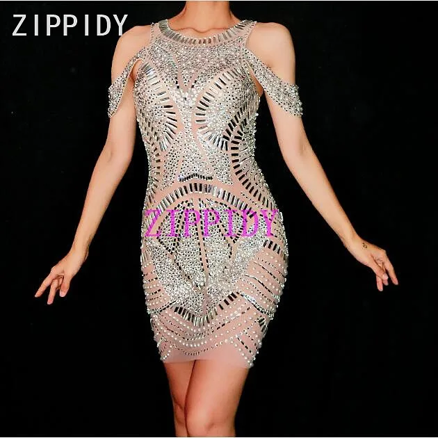 Серебряное блестящее Сетчатое платье со стразами для женщин танцевальная одежда