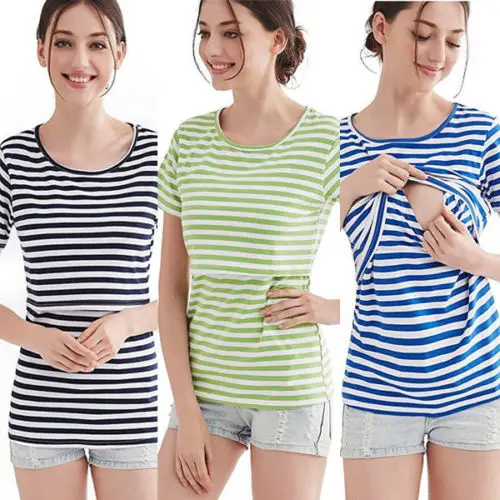 Summer 100%Cotton Nursing Clothes Striped T-shirt Simple Breastfeeding Breathable Maternity Tops | Женская одежда