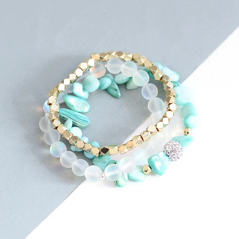BOJIU 3 Pcs/Set Multilayer Women Bracelets Natural Irregular Stretch Shell Gold-color Copper Labradorite Bracelet Lady BCSET242 | Украшения